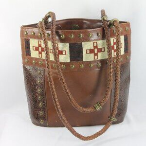 Tooled  Leather Bag with Nailhead and Beaded Trim.